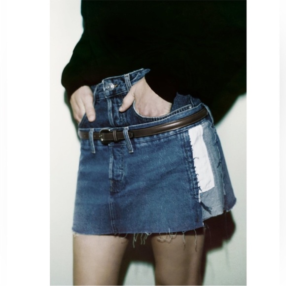 ZARA ZW Denim Mini Skirt Double Waisted Upcycled Ultra Mini Size Small - Picture 5 of 16